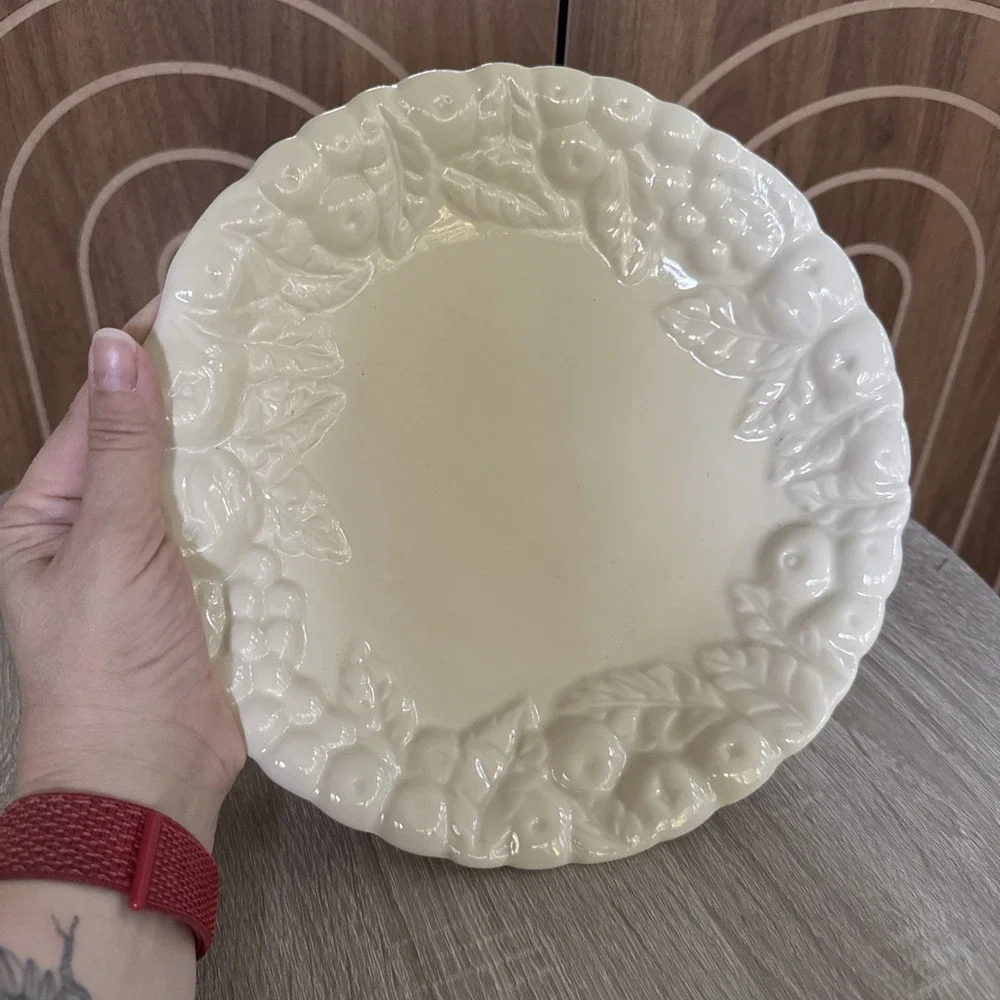 Claire Burke Pottery ~ Ivory Dinner Pie Plate Serving Dish ~ Raised Fruit Design